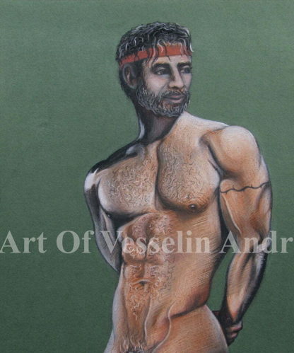 An authentic print of an original male nude pastel drawing titled 'Looking Back'.
