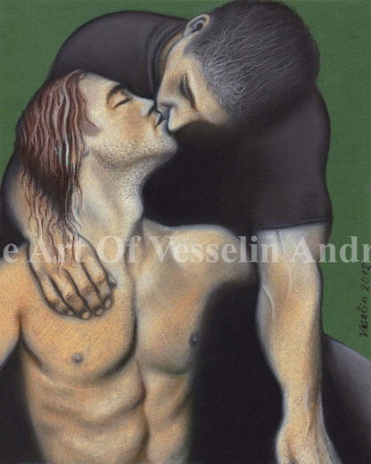 An authentic print of an original male nude pastel drawing titled 'Love'.