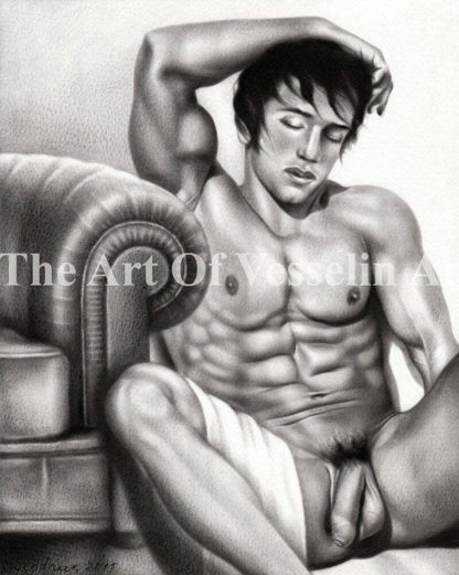 An authentic print of an original male nude oil painting titled 'Man Posing'.