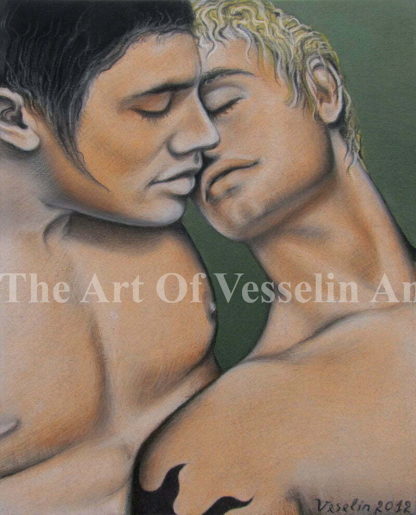 An authentic print of an original male nude pastel drawing titled 'Fallen In Love'.