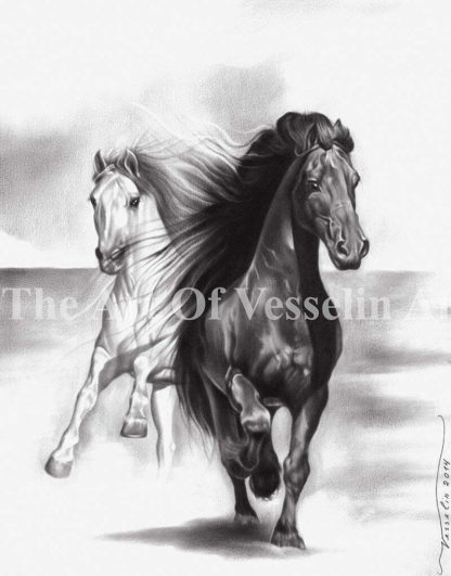 An authentic print of an original oil painting of horses titled 'Horses'.