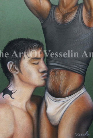An authentic print of an original male nude pastel drawing titled 'Lovers'.