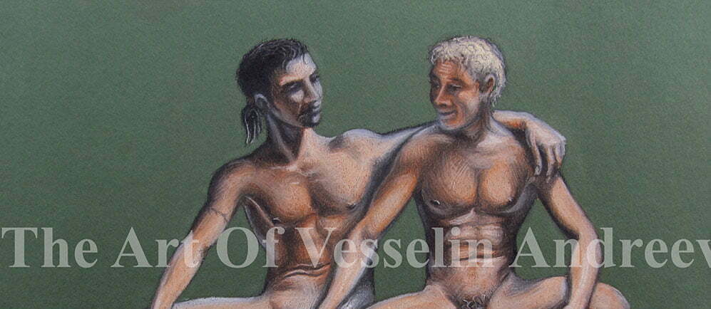 An authentic print of an original male nude pastel drawing titled 'Friends'.
