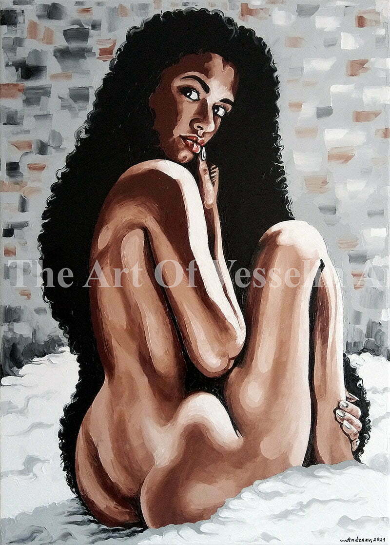 An original female nude oil painting with vivid and saturated colors titled 'Are You Thinking What I'm Thinking?'.