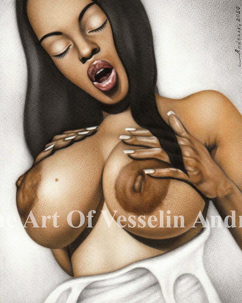 An original female nude oil painting titled 'Passion'.