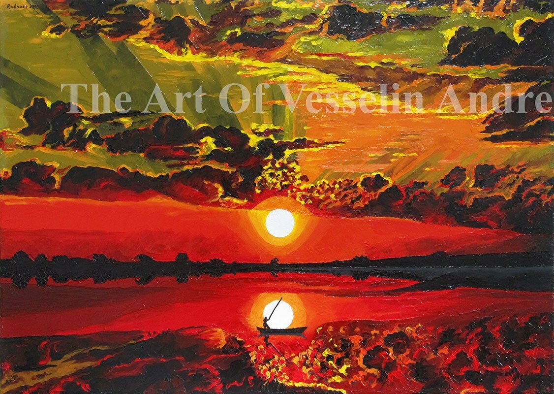 An original seascape oil painting with vivid and saturated colors titled 'Sunset'.