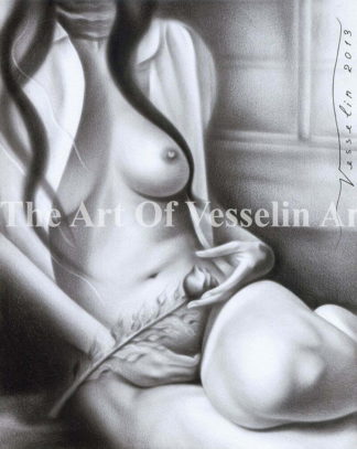 An authentic print of an original female nude oil painting titled 'The Girl With The Rose'.