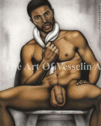 An authentic print of an original male nude oil painting titled 'Just A Man'.