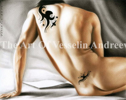 An authentic print of an original male nude oil painting titled 'Naked Man Reading A Book'.