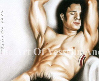 An authentic print of an original male nude oil painting titled 'Taking A Rest'.
