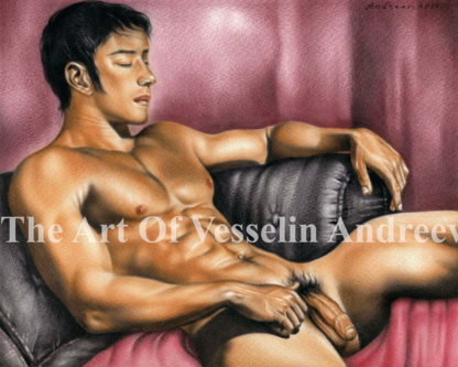 An authentic print of an original male nude oil painting titled 'Taking A Rest'.