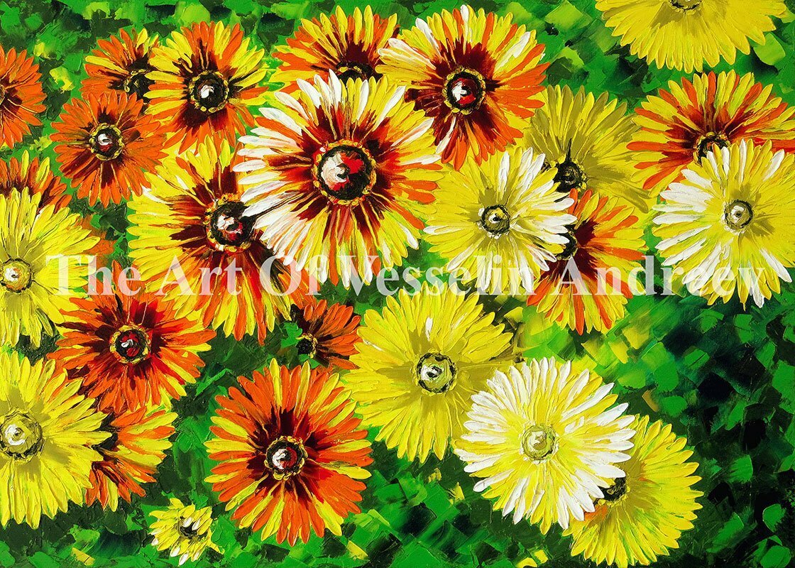 An authentic print of an original flower oil painting titled 'Chrysanthemums'.