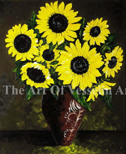 An authentic print of an original flower oil painting titled 'Sunflowers'.