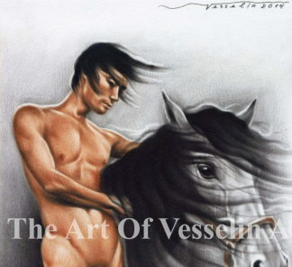 An authentic print of an original male nude oil painting titled 'A Man And His Horse'.