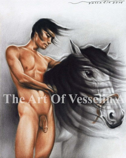 An authentic print of an original male nude oil painting titled 'A Man And His Horse'.