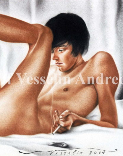 An authentic print of an original male nude oil painting titled 'Boy Thinking'.