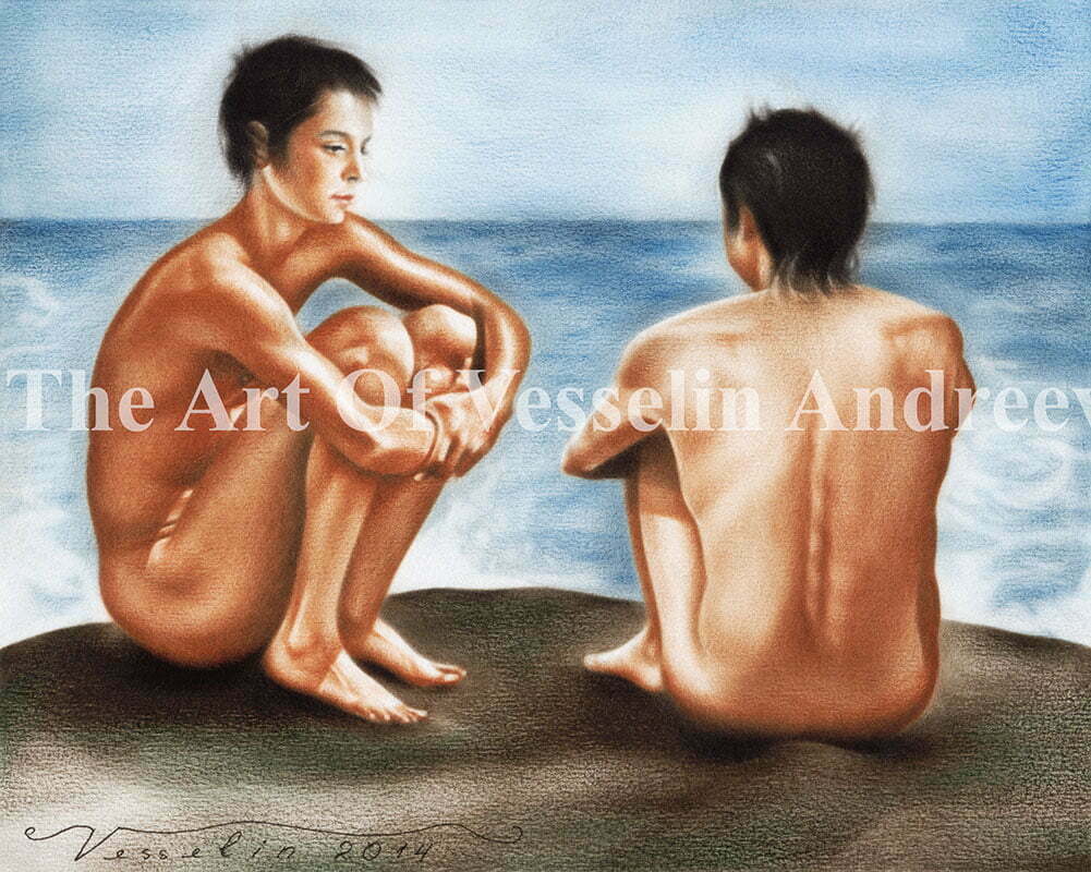 An authentic print of an original male nude oil painting titled 'Boys On The Beach'.