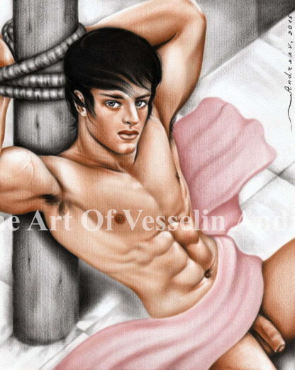 An authentic print of an original male nude oil painting titled 'The Captive'.