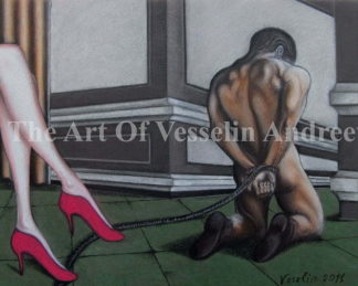 An authentic print of an original male nude pastel drawing titled 'The Punishment'.