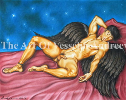 An authentic print of an original male nude oil painting titled 'Night Angel'.